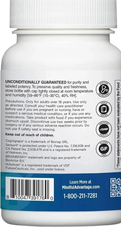 2 Pack Mindful Advantage Brain Memory Focus Supplement - 30 Caps - Expiry 2028